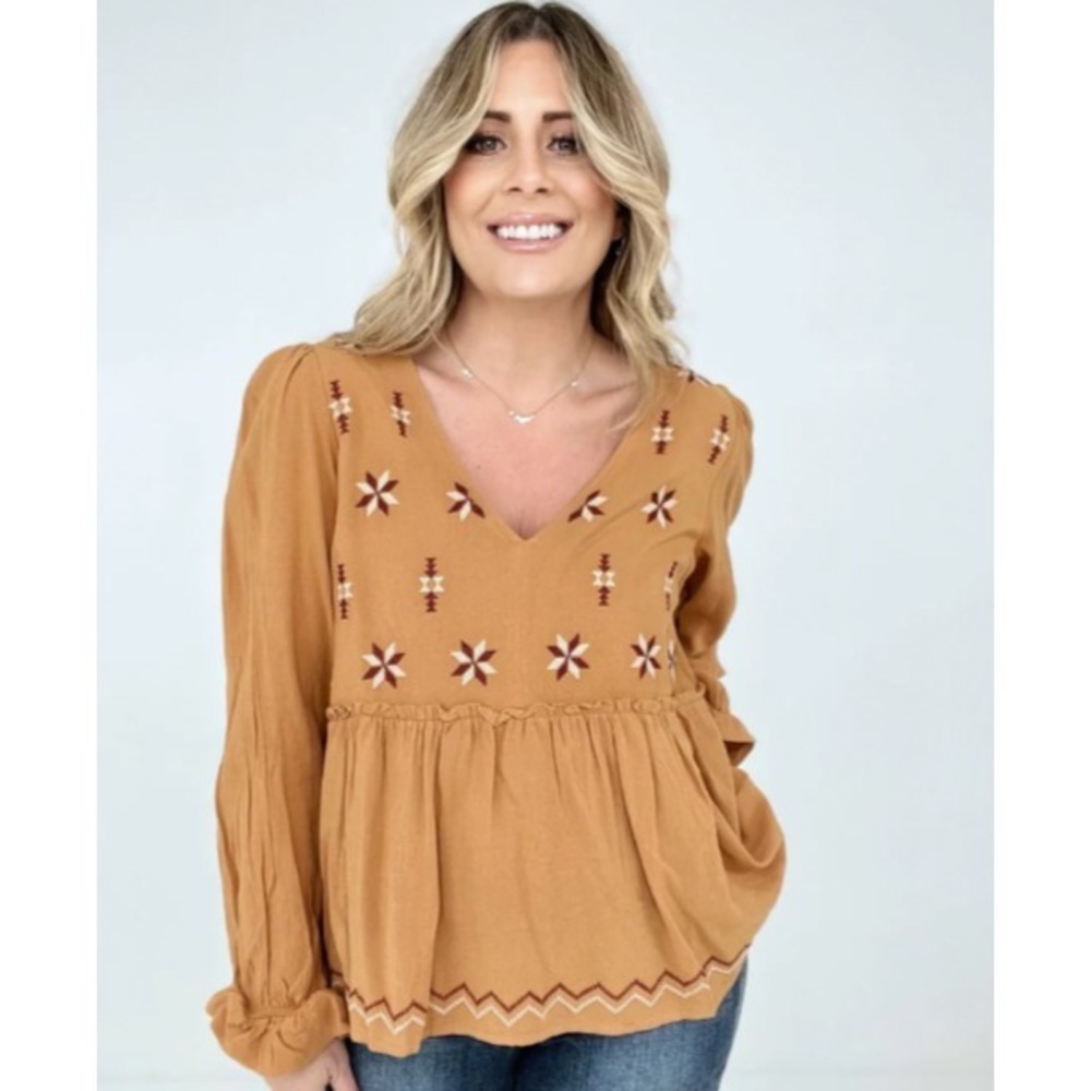 NWT HEYSON V NECK EMBROIDERED BABYDOLL BLOUSE Cider embroidered lightweight boho